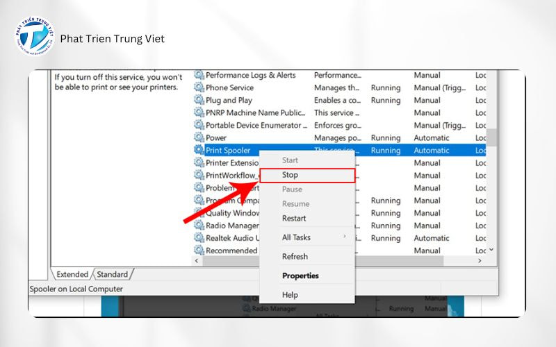 Hủy lệnh in bằng công cụ Services.msc bước 2